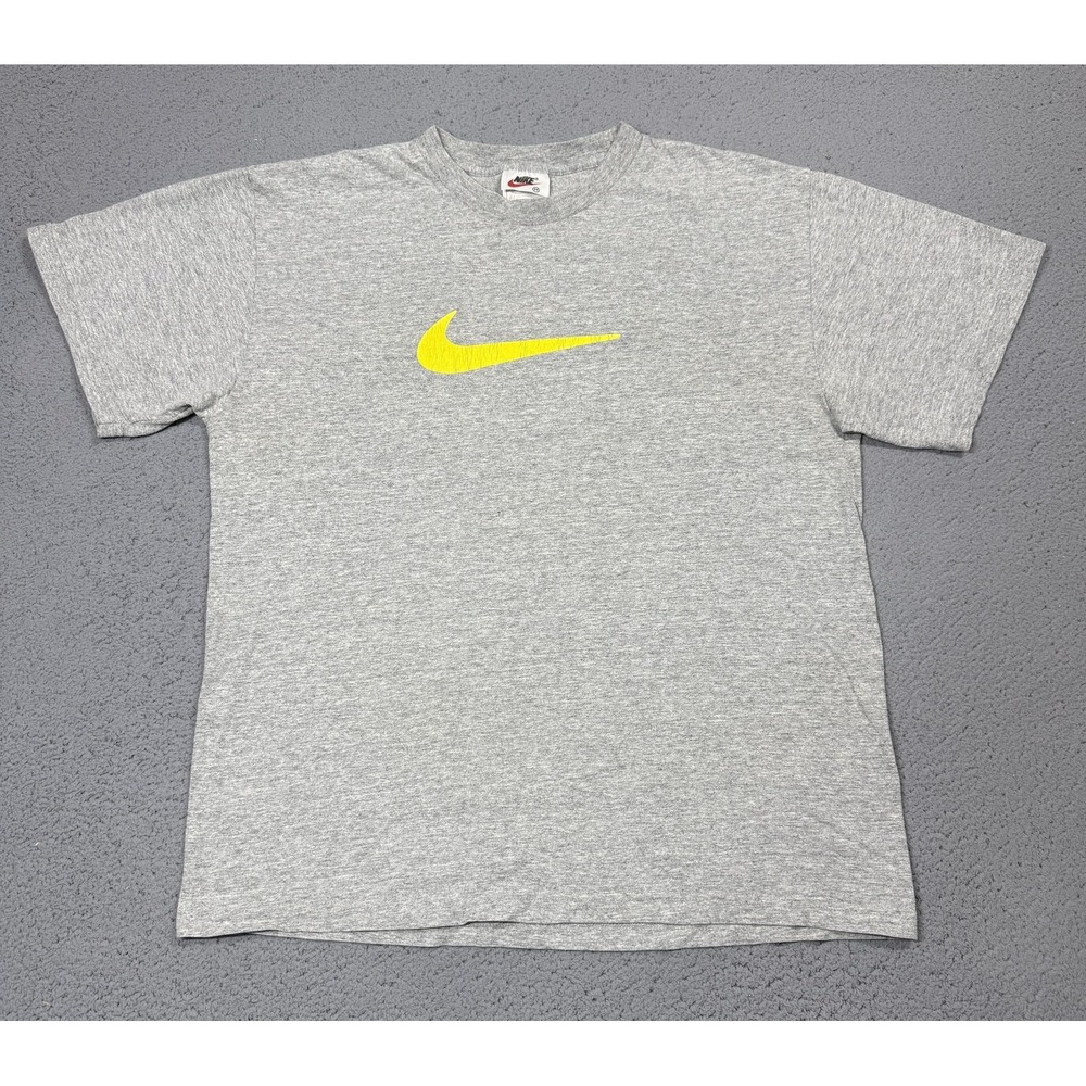 VTG Nike Shirt Mens Medium Gray Yellow Swoosh Graphic Tee Made USA 90s